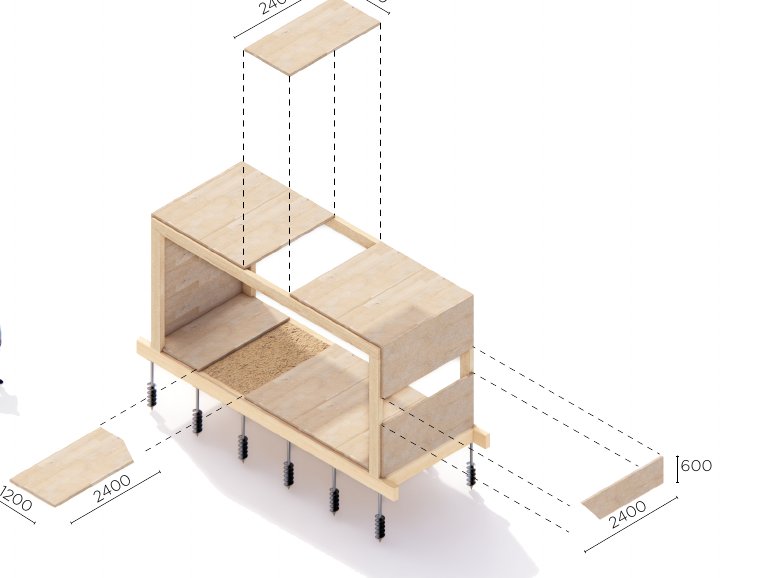 Exploded isometric of the inner frame: glulam portal frames and 60 mm CLT boards