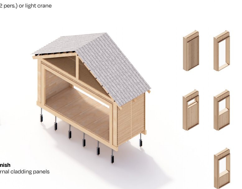 Isometric of the outer frame with roof and prefabricated external panels