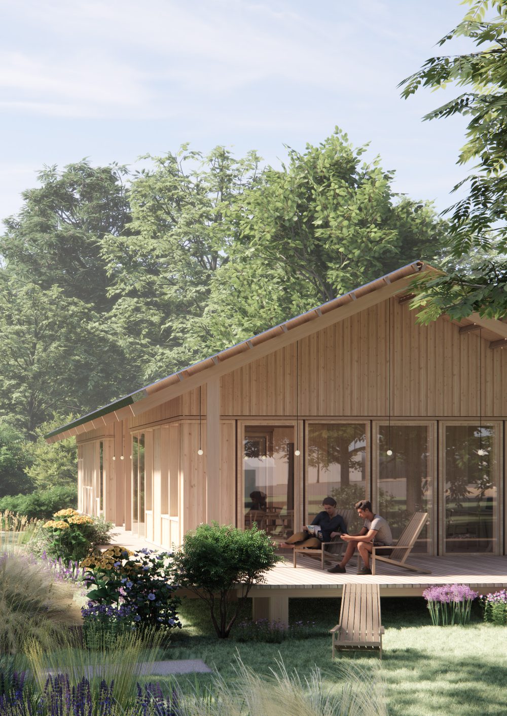 Family on the terrace of a timber house among birch trees