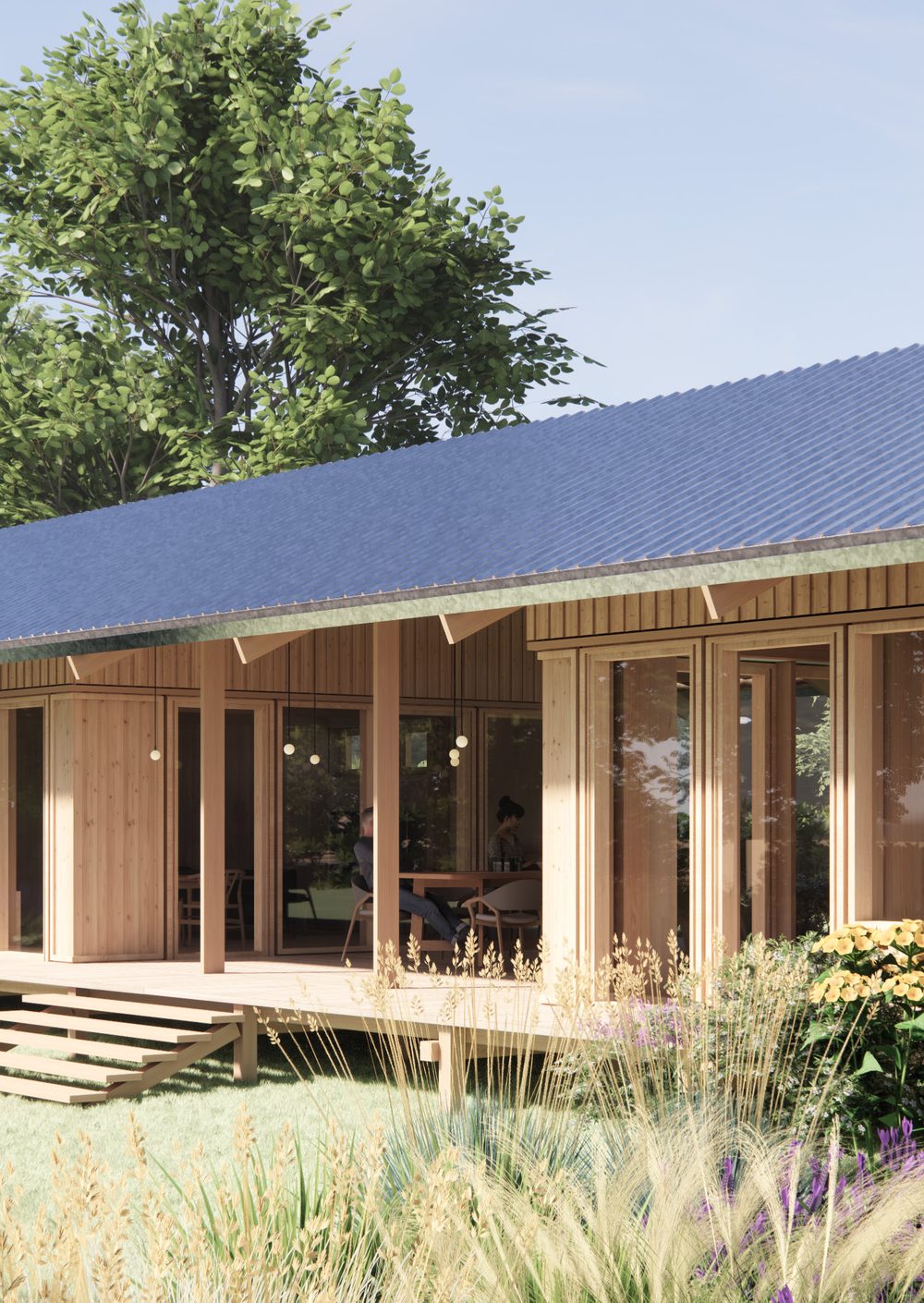 Covered terrace of a compact unit with guests